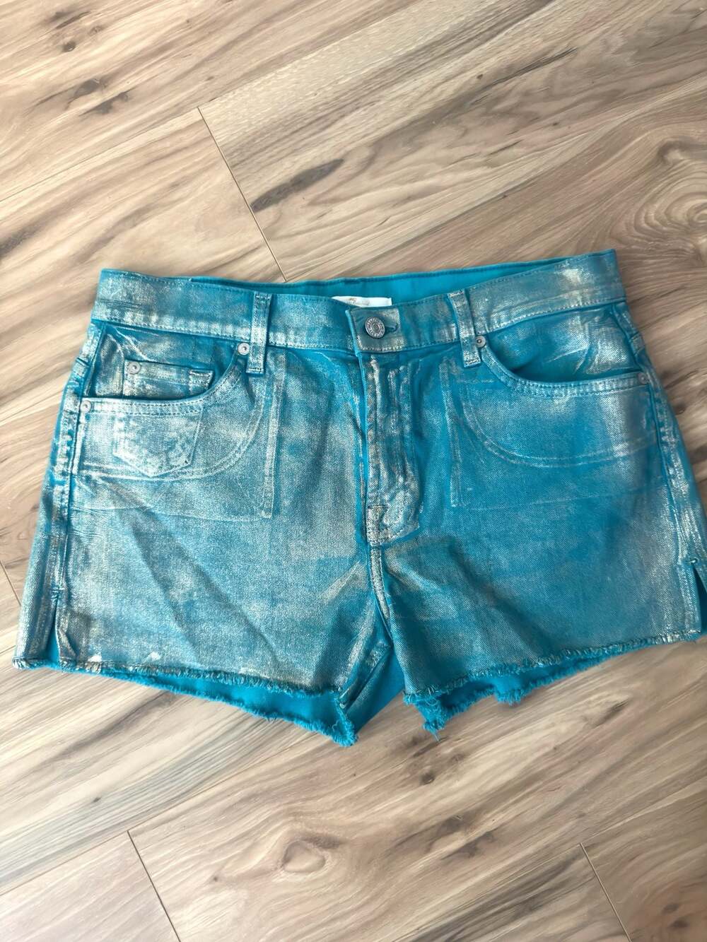 7 For All Mankind Metallic Teal Denim Cut-Off Shorts